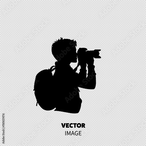 Silhouette of a young male photographer capturing the moment with a camera and backpack.