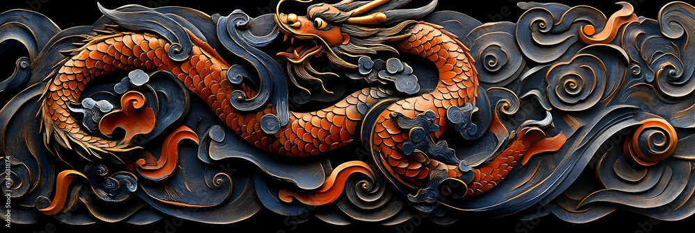 Intricate Dragon Carving in Clouds, Asian Art, Mythical Creature, Detailed Woodwork, Ancient Symbol, Cultural Heritage, Oriental Design, Mythological Dragon, Swirling Patterns, D Intricate Dragon Carving in Clouds, Asian Art, Mythical Creature, Detailed Woodwork, Ancient Symbol, Cultural Heritage, Oriental Design, Mythological Dragon, Swirling Patterns, D