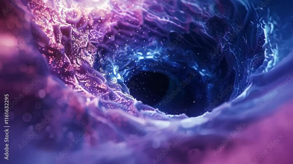 The intense gravitational pull of a black hole causing distortion and bends in the fabric of quantum foam.