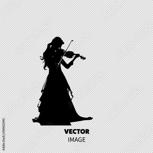 A graceful young woman of Caucasian descent plays the violin in an elegant black dress against a bright white background.