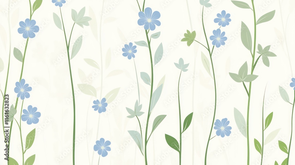 Seamless pattern of delicate light blue flowers and green stems on white background. Seamless pattern of delicate light blue flowers and green stems on white background.