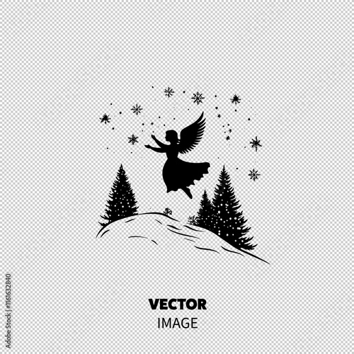 A graceful silhouette of a female angel with wings, joyfully enjoying falling snowflakes amidst evergreen trees.