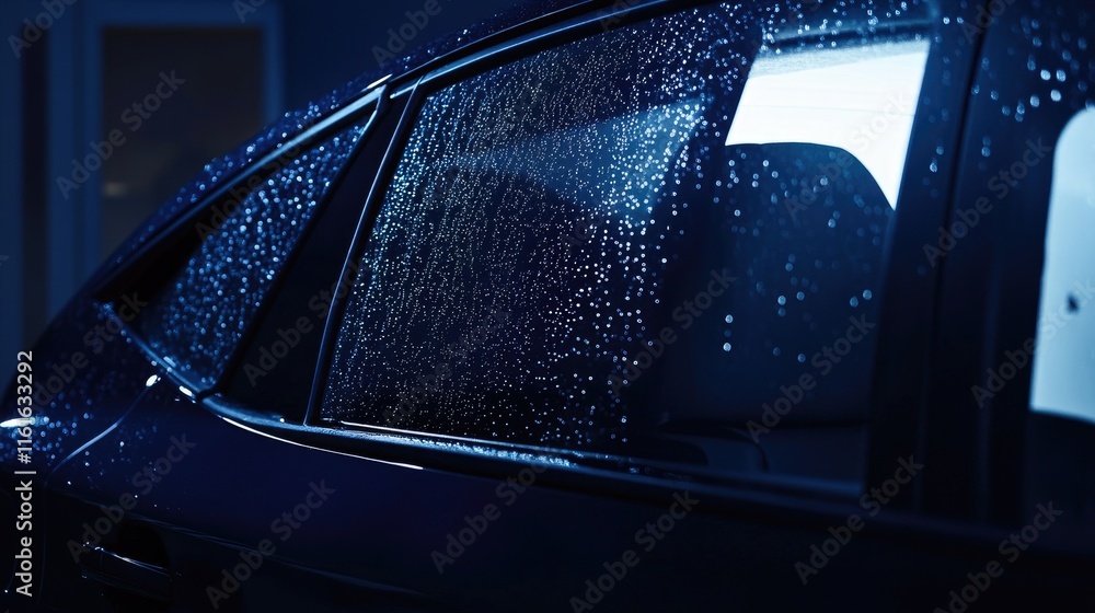 Obraz premium Close-Up of Raindrops on Car Window at Night with Blue Light
