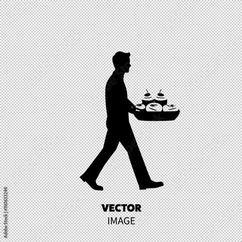 A silhouette of a man carrying a tray with three delicately decorated desserts.