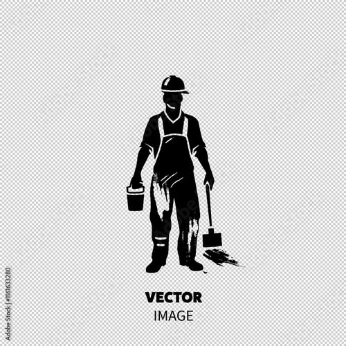 Black silhouette of a male construction worker holding a paint bucket and brush, showcasing a working spirit.