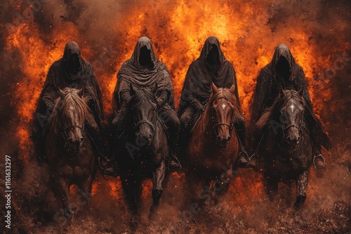 Four hooded riders on horseback emerge from flames, creating a dramatic and ominous atmosphere. The scene conveys power and intensity.