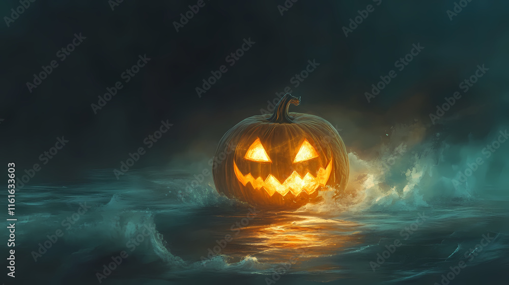 Naklejka premium A single pumpkin lit from within by soft moonbeams, casting a warm glow over its carved face, pumpkin, solitary. Moonbeam. Illustration