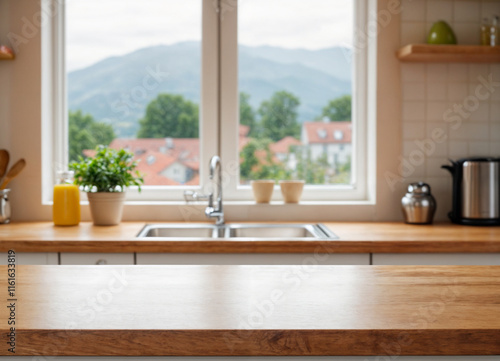 Warm and inviting kitchen with wooden countertops, white tiled backsplash, and natural sunlight, adorned with potted plants and copper pots.