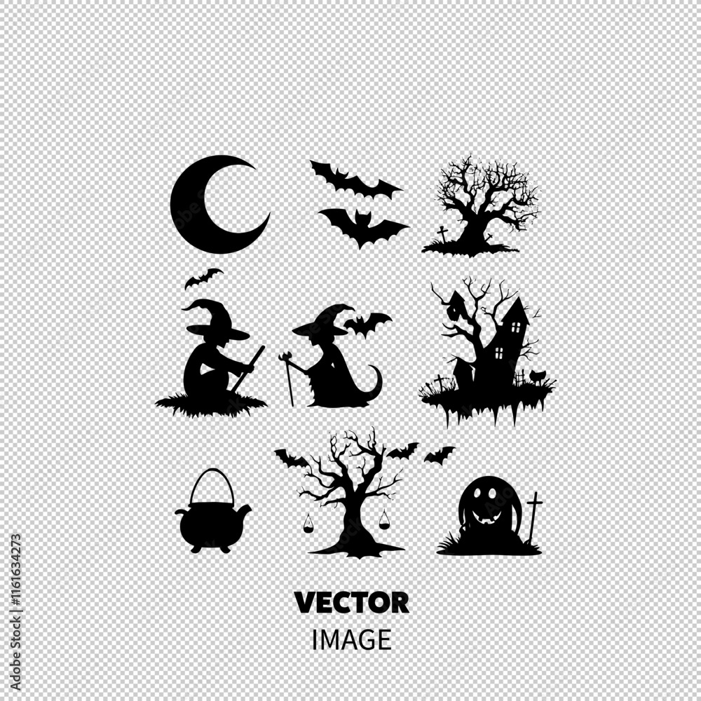A spooky Halloween-themed collage featuring bats, witches, a haunted house, and eerie trees in a stylish silhouette design. A spooky Halloween-themed collage featuring bats, witches, a haunted house, and eerie trees in a stylish silhouette design.