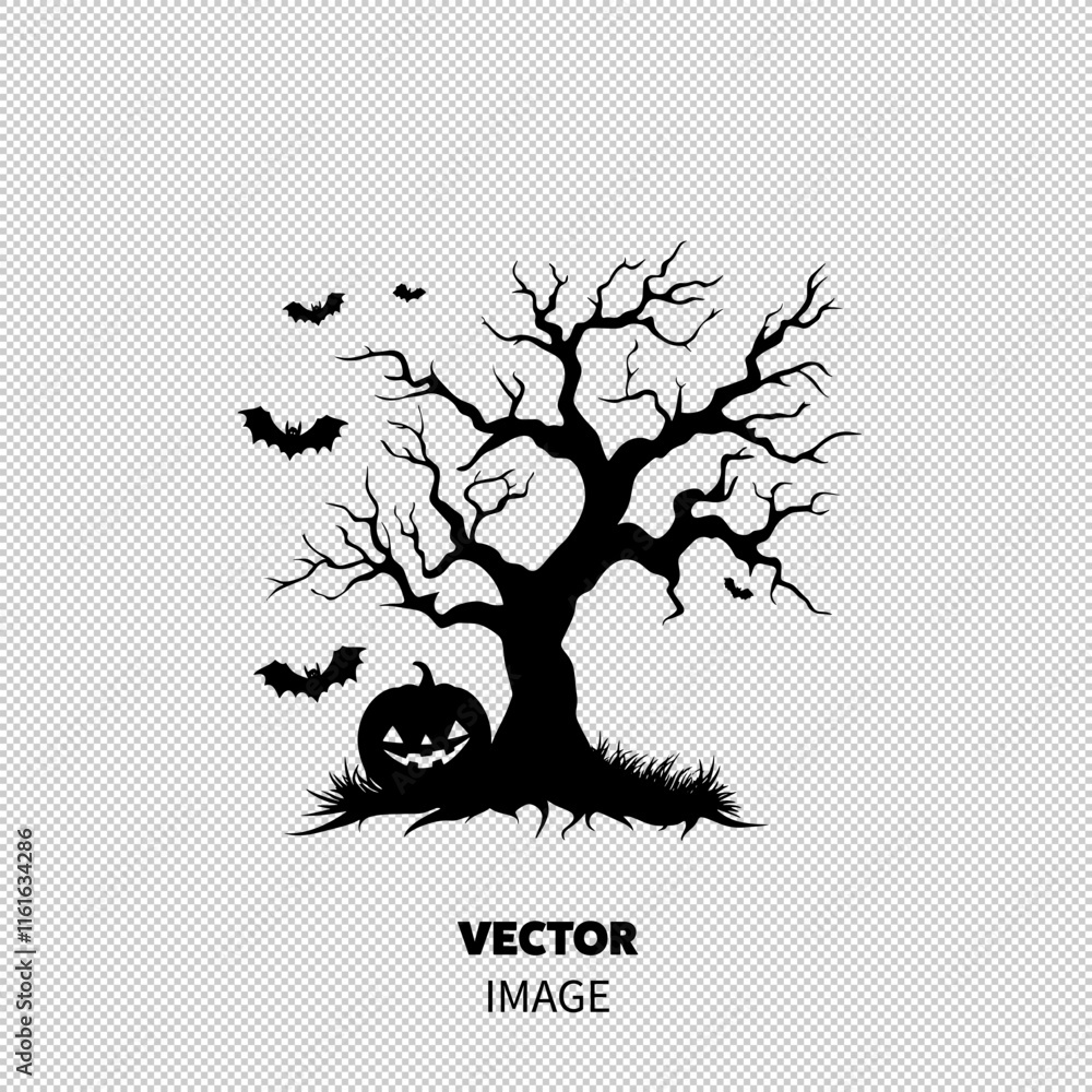 A spooky, bare tree silhouette with bats and a grinning pumpkin, perfect for Halloween decorations. A spooky, bare tree silhouette with bats and a grinning pumpkin, perfect for Halloween decorations.
