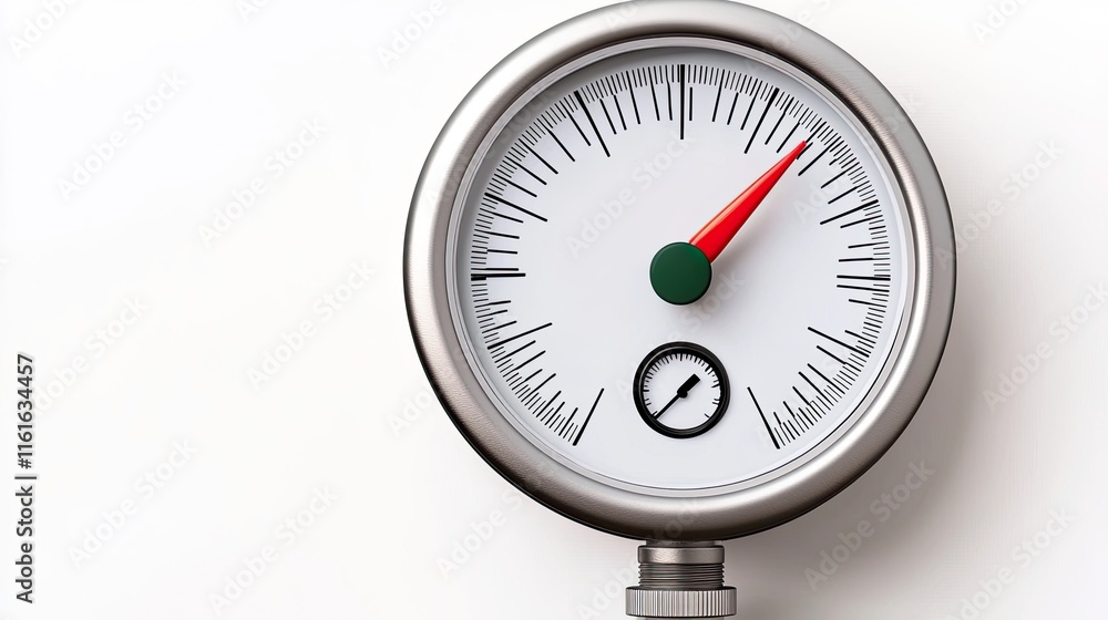 A pressure gauge displays measurements with a red needle indicating pressure levels, featuring a green indicator and a black dial. A pressure gauge displays measurements with a red needle indicating pressure levels, featuring a green indicator and a black dial.