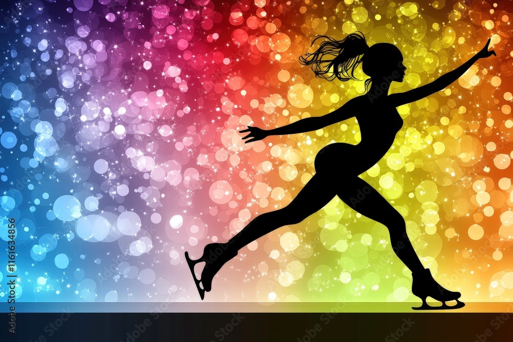 A graceful female silhouette ice skating against a vibrant, colorful bokeh background, showcasing the elegance and beauty of the sport. A graceful female silhouette ice skating against a vibrant, colorful bokeh background, showcasing the elegance and beauty of the sport.