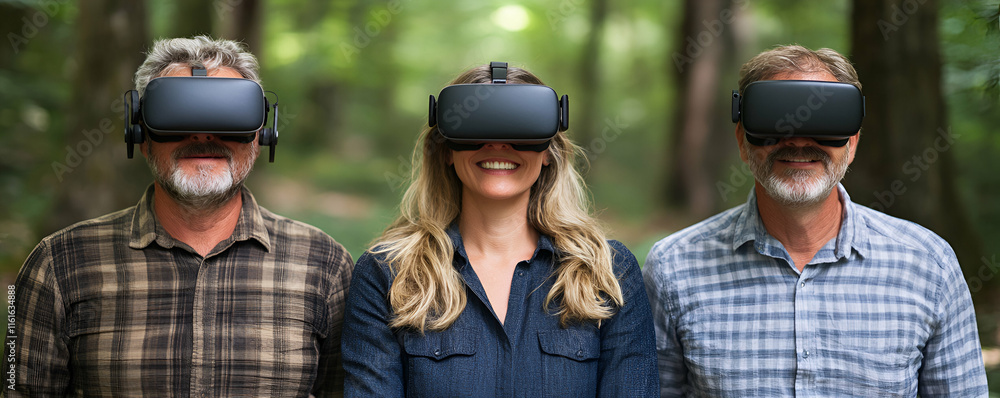 Virtual Reality Experience in Nature, Three People Immersed in a Forest ...