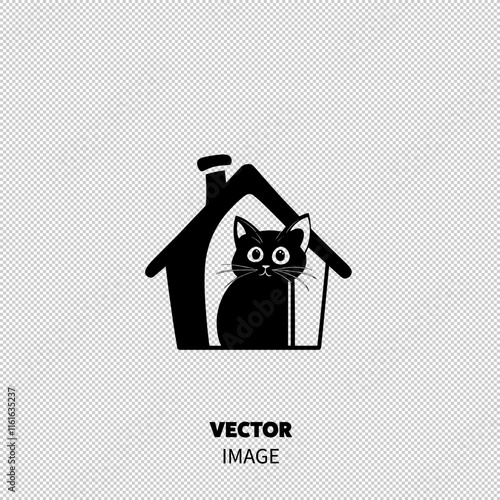 A playful black cat with big eyes peeks out from a stylized house silhouette.