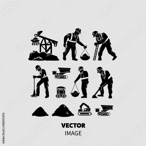 Silhouettes of male workers in construction and mining activities, showcasing teamwork and determination.