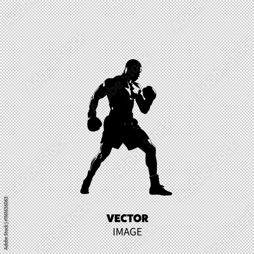 Silhouette of a muscular male boxer ready to spar, showcasing strength and determination.