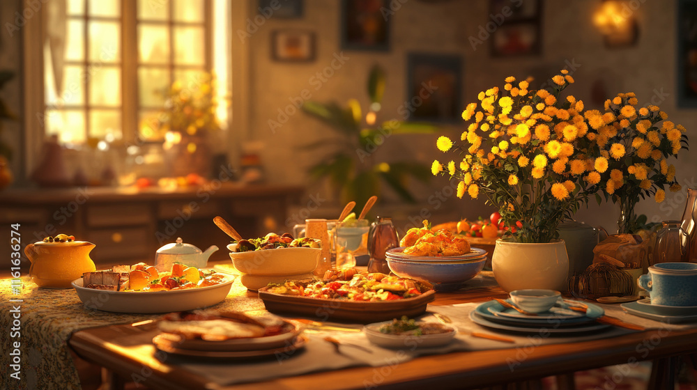 Sunlit Table Set With Delicious Food And Flowers Sunlit Table Set With Delicious Food And Flowers