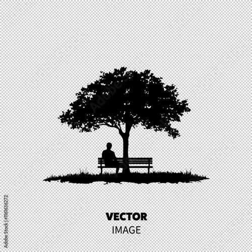 Silhouette of a person sitting under a large tree on a bench, creating a serene and peaceful atmosphere.