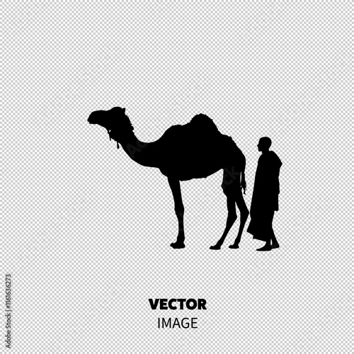 A silhouette of a monk walking beside a camel, evoking a sense of companionship and tranquility.