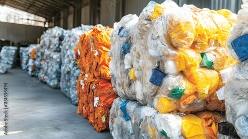 Wallpaper Mural Recycled Plastic Bales, A Mountain of Sorted Waste, Ready for Repurposing and Transforming into New Products Sustainably. Torontodigital.ca