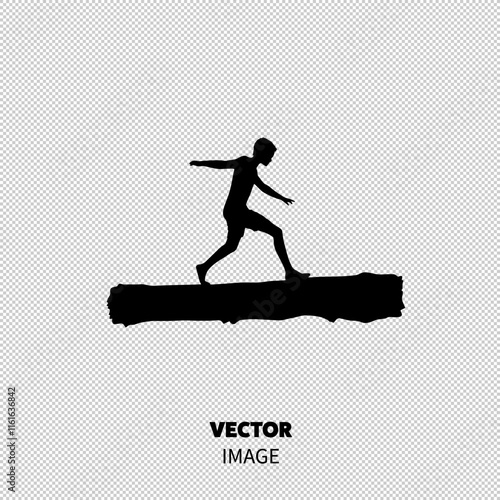 A silhouette of a young boy balancing on a log, showcasing confidence and agility against a stark white background.