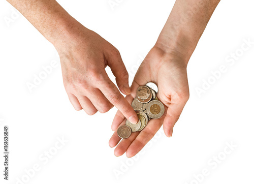 Person hands counting Canadian cash money coins isolated cutout on transparent