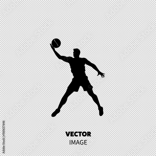 A muscular male athlete in silhouette, executing a dynamic basketball shot against a stark white background.