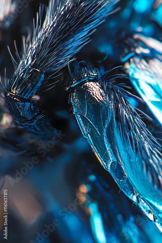 Macro photography of Gooty Sapphire Ornamental Tarantula, metallic blue fur texture, detailed leg patterns photo