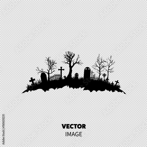 Eerie silhouette of a graveyard with tombstones and barren trees, capturing a haunting atmosphere.