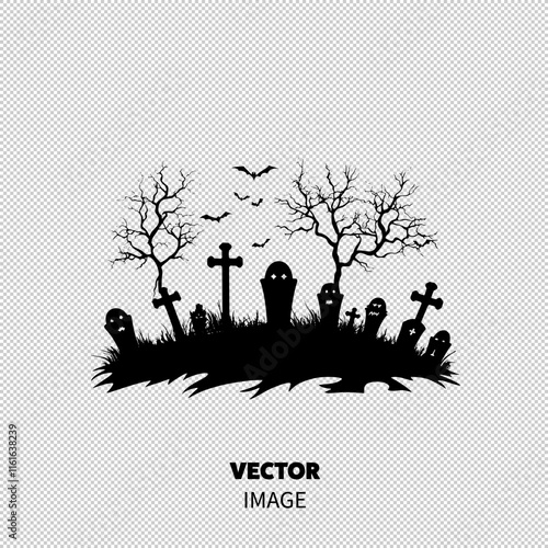 Spooky silhouette of a graveyard with bats and twisted trees on a white background.