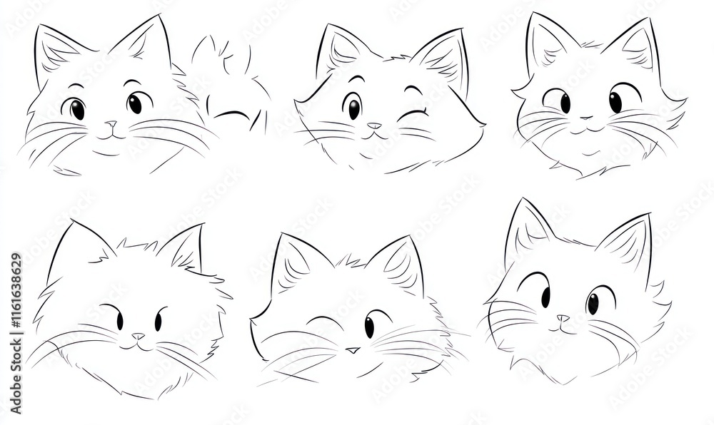 Six cute cat faces with different expressions. Six cute cat faces with different expressions.