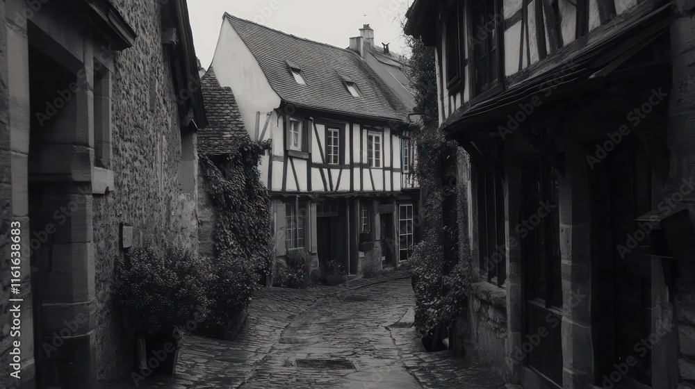 A cobblestone street in a quaint European village, black and white, nostalgic tone A cobblestone street in a quaint European village, black and white, nostalgic tone