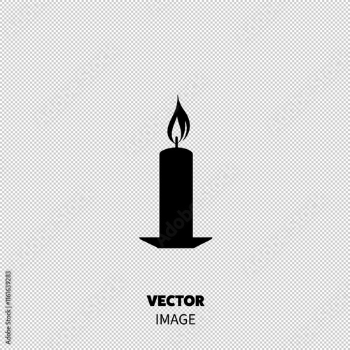 A minimalist black candle with a flickering flame on a white background.