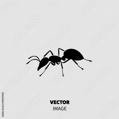 Silhouette of a black ant crawling, showcasing its detailed body structure and legs.