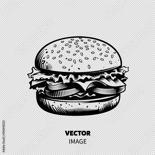 A detailed illustration of a classic burger with sesame seed bun, lettuce, and melted cheese.