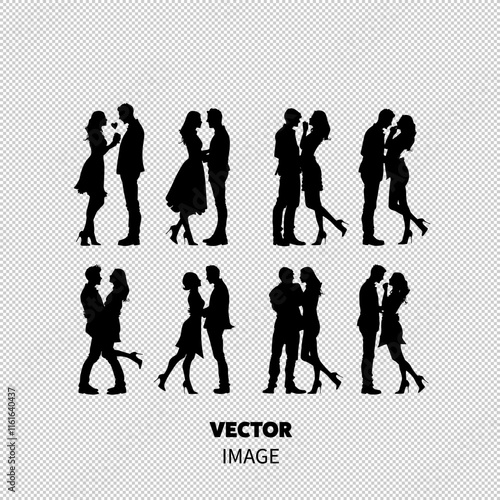 Silhouettes of couples in various romantic poses, expressing love and intimacy against a light background.