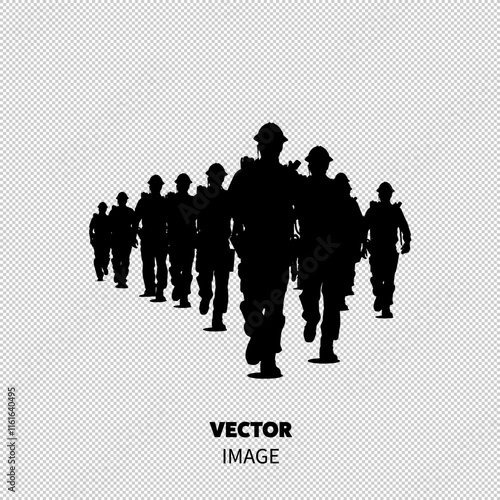 Silhouettes of soldiers marching in formation, conveying strength and unity.