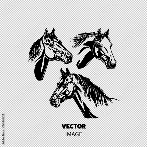 Artistic black and white illustrations of horse heads showcasing elegance and grace. photo