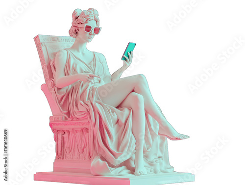An ancient Greek sculpture of a woman sitting on a chair and holding her phone with sunglasses