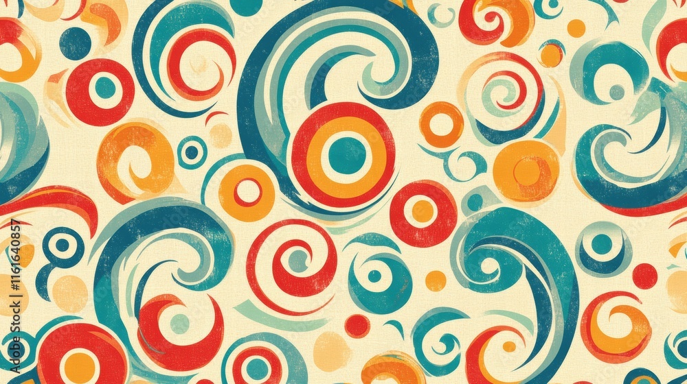 Retro inspired pattern featuring colorful spirals and curved lines in vibrant 70s color palette. Generative AI Retro inspired pattern featuring colorful spirals and curved lines in vibrant 70s color palette. Generative AI
