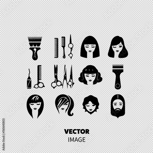 Stylized hairdressing tools and diverse hairstyles in black and white.