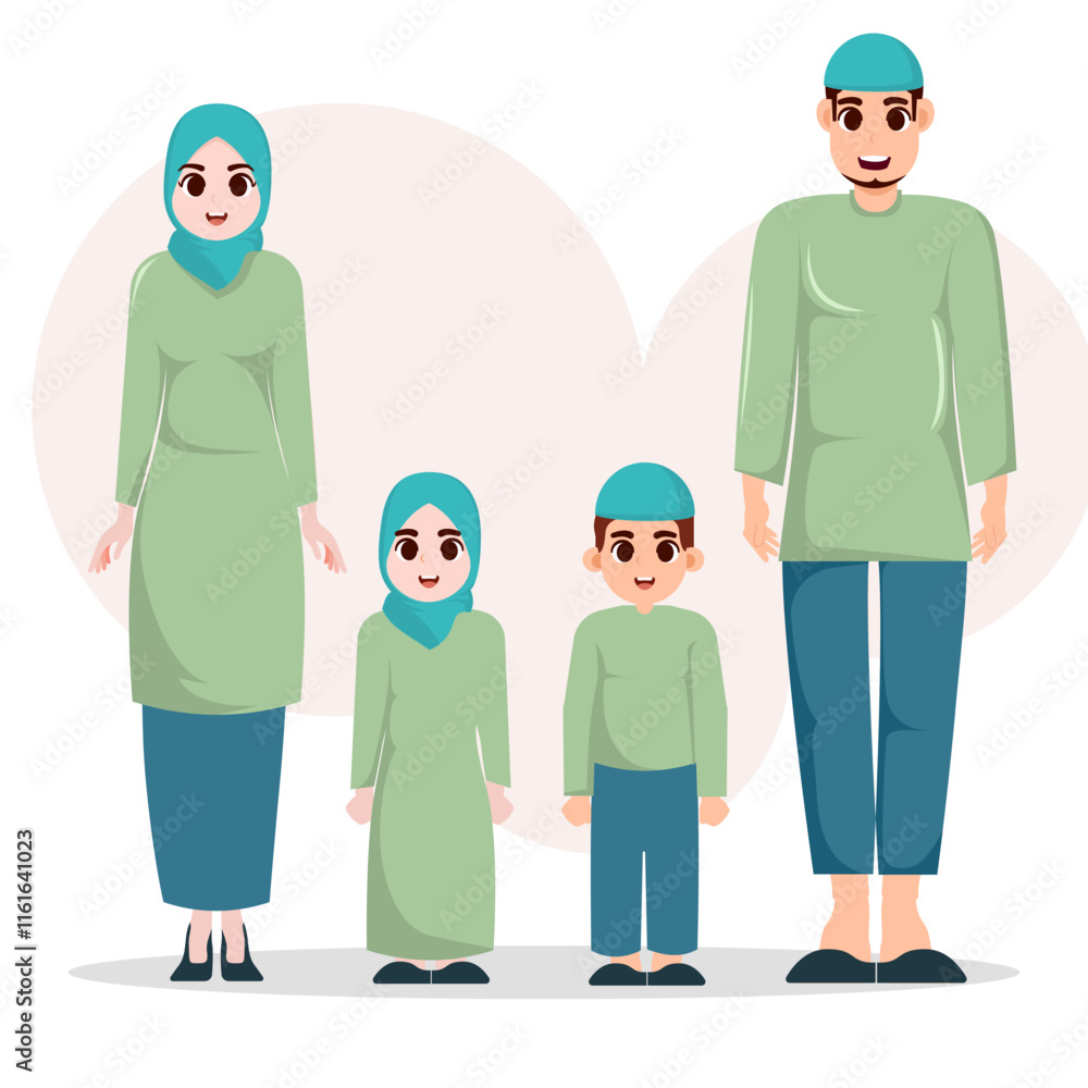 Flat illustration muslim family, mother father and two childreens, sholeh sholehah, ied al fitr, ramadan