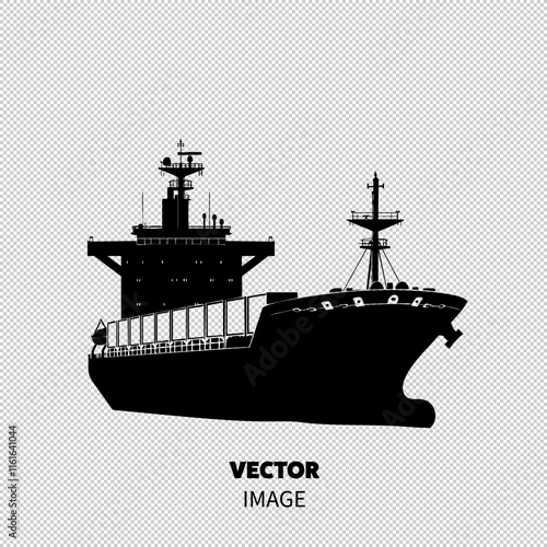 Silhouette of a large cargo ship navigating the waters, symbolizing global trade and transport.