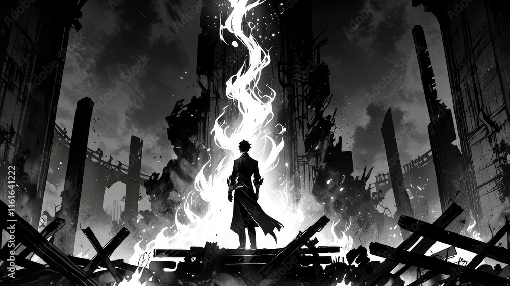 Obraz premium black anime aesthetic wallpaper laptop,Mysterious figure with a blazing aura, standing in shadowy ruins