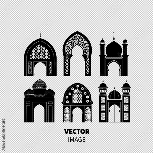 Elegant black silhouette designs of traditional architectural arches with intricate patterns.