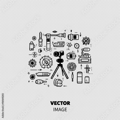 A detailed illustration featuring a camera and various photography equipment in a monochrome design.