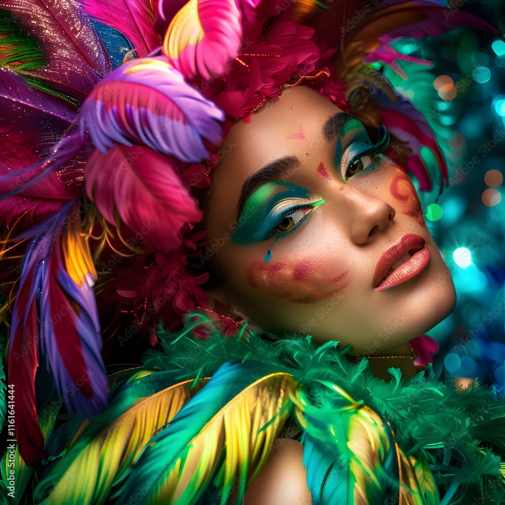 Obraz premium Vibrant Carnival Performer in Glowing Feathered Costume