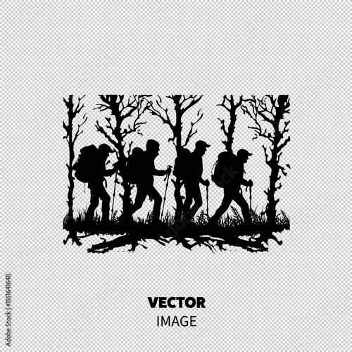 Silhouette of four male hikers navigating through a dense forest during their adventure.