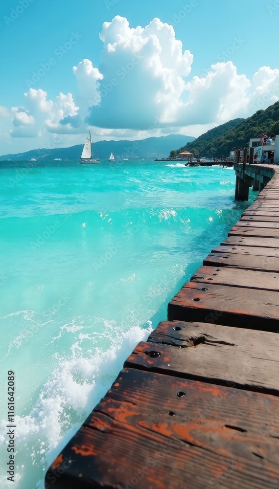 Obraz premium Turquoise ocean waves gently lapping against a weathered wooden dock, with sailboats and seagulls in the background , dock, sunny