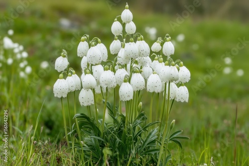 Drooping white star flowers in the meadow belong to the herbaceous ornithogalum nutans a bulbous member of the asparagaceae family photo